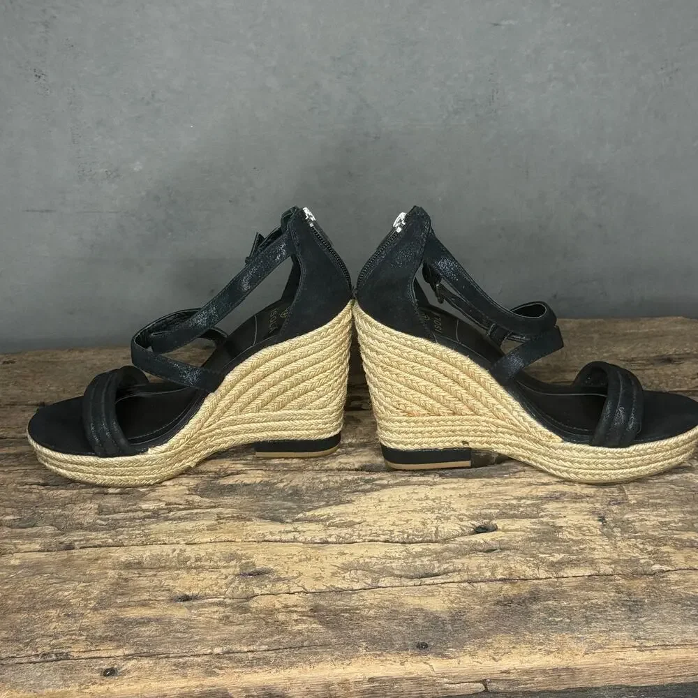 Isola Black Leather Strappy Espadrille Wedge Sandals Zipper Size 8